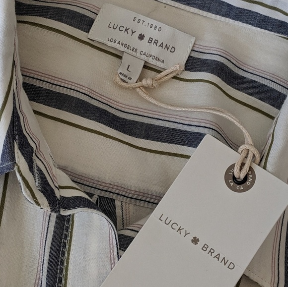 Lucky Brand Button Front Long Sleeve Vertical Striped Cream Blue Olive L NWT - Picture 8 of 8